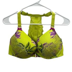 Cacique Racerback Front Close Boost Plunge Lime Green Floral Bra Size 38DDD
